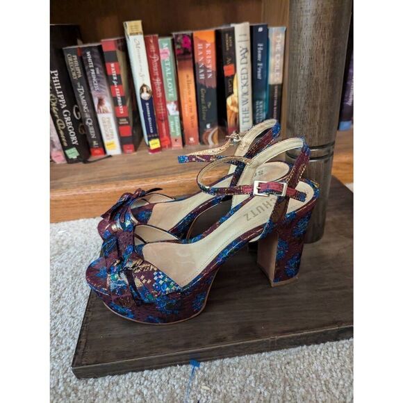 Schutz Women’s 7B Genuine Leather Multicolor Bow Peep Toe Heels Ankle Wrap - Picture 3 of 7